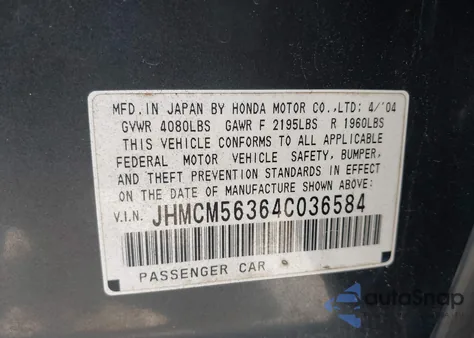 2004 Honda Accord 2.4 Lx из США, поврежденный, VIN JHMCM56364C036584